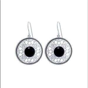 Black Onyx Silver Plated Filagree Drop Earrings